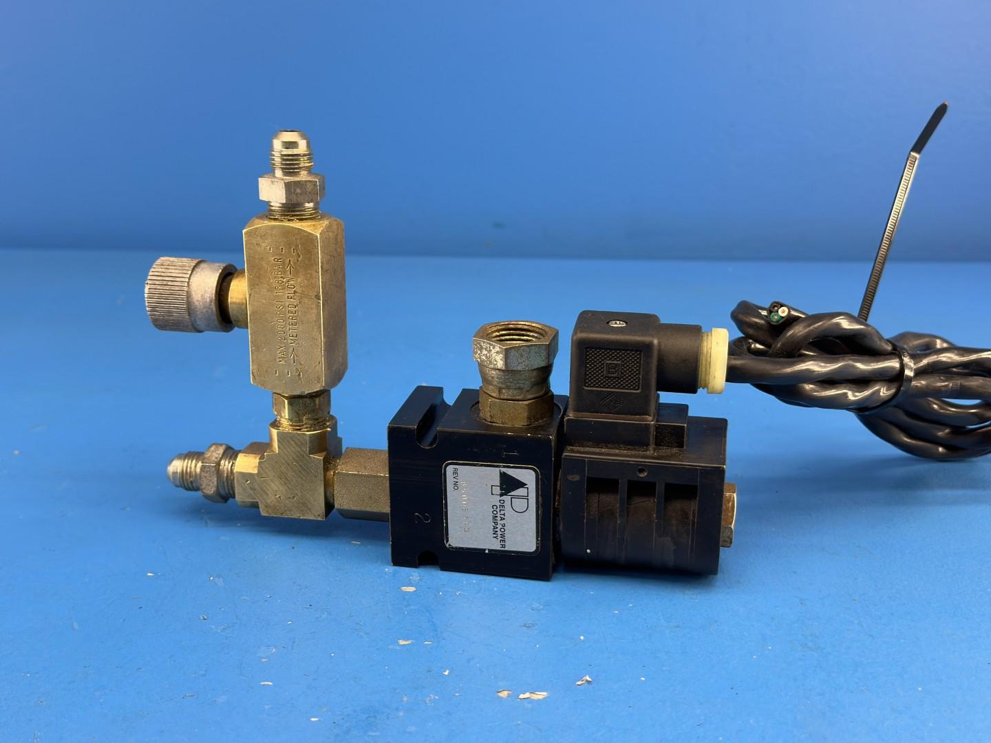 Delta Power 85005758 Solenoid Operated Hydraulic Valve Block with Brass Needle Flow Control Valve