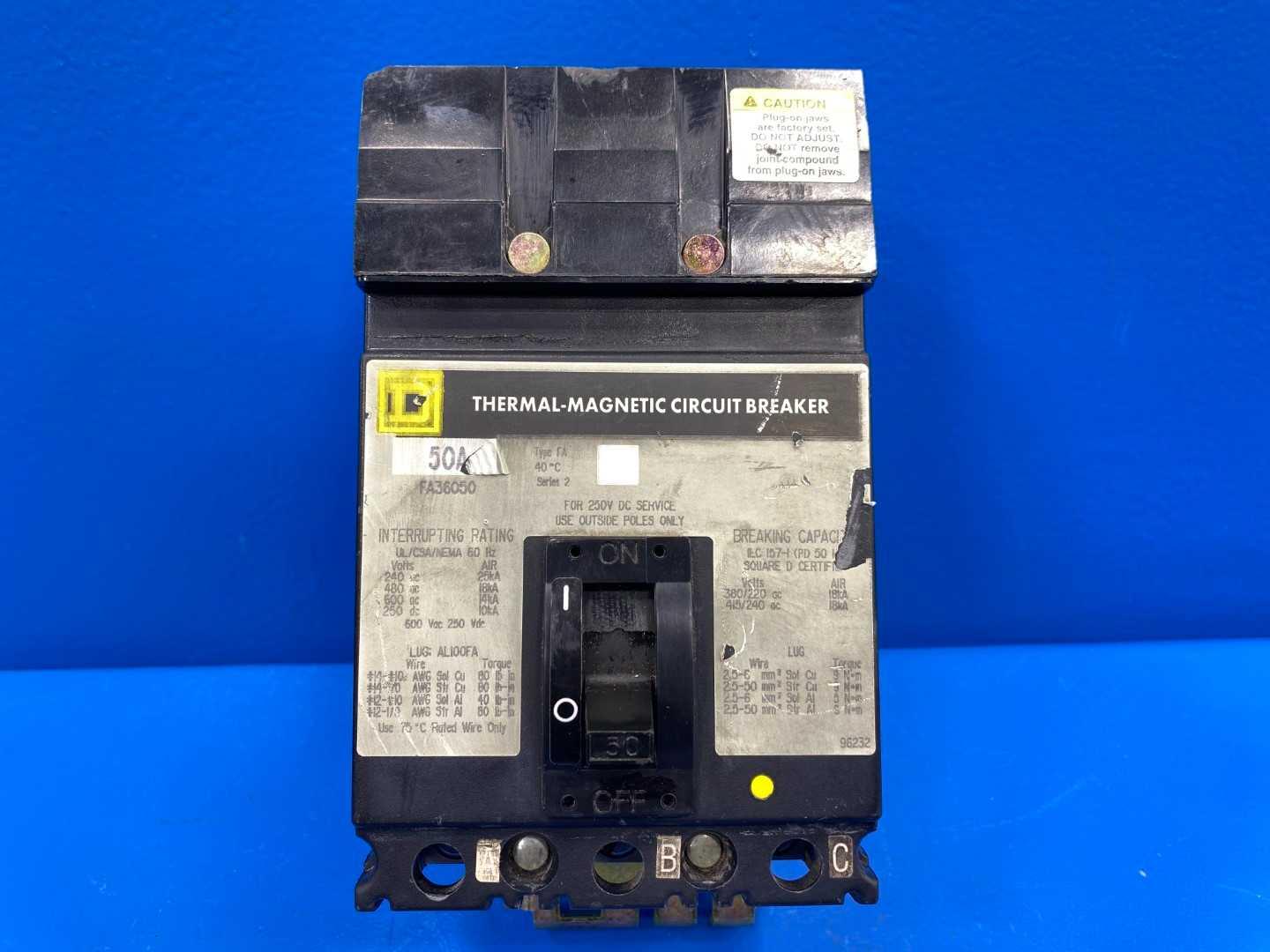 Square D FA36050 50 Amp I-Line Circuit Breaker 600V 3-Phase 3-Pole