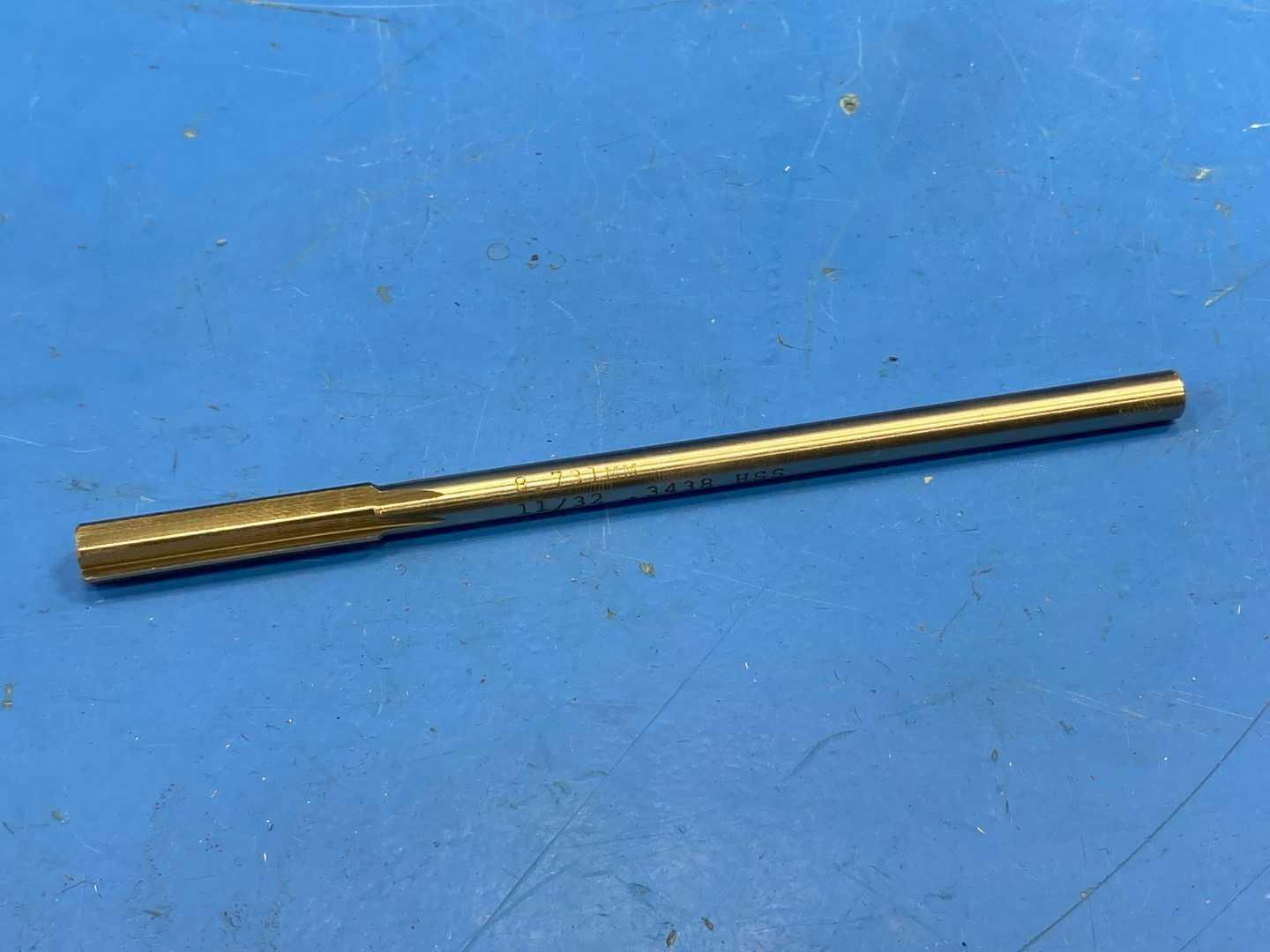 HSS Chucking Reamer 11/32" .3438 Diameter x 7-1/2" Long, TiN Coated Spiral Flute, Appears Unused