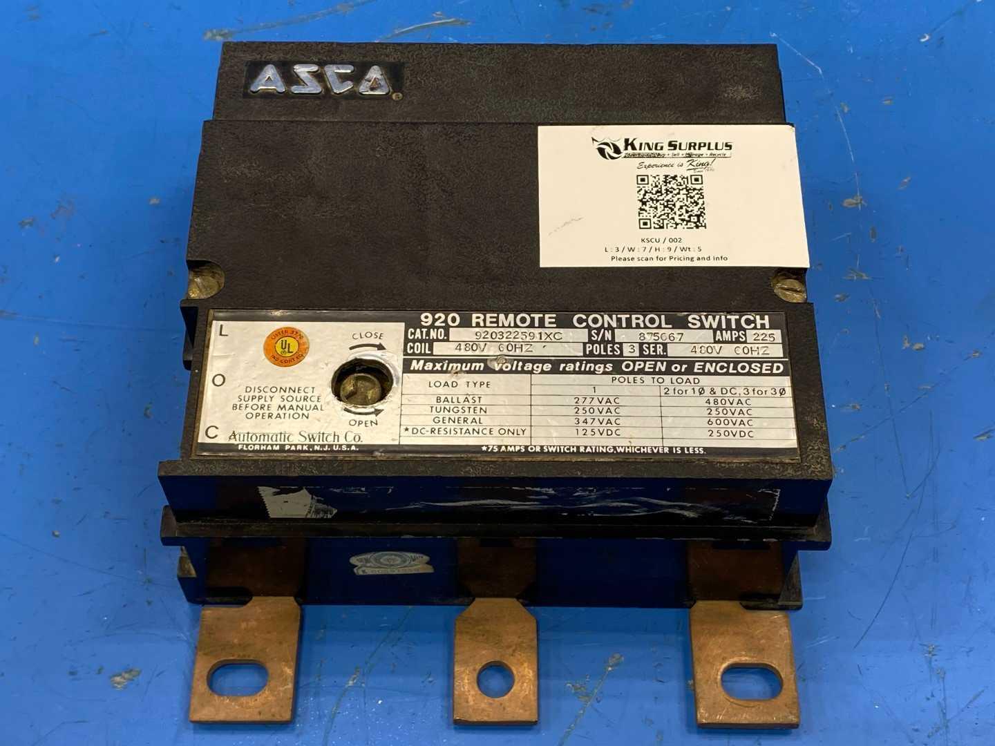 Asco 920322591XC 920 Remote Control Switch 225 Amp 480V 60 Hz 3-Pole