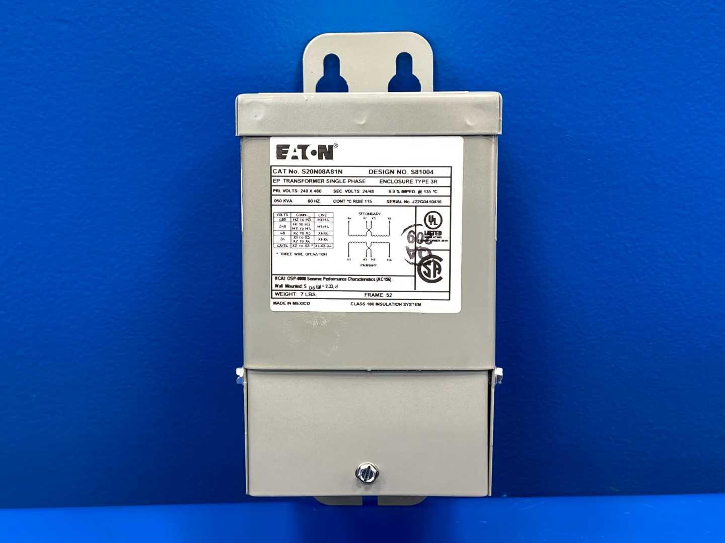 240/480V to 24/48V 50 VA Single-Phase Encapsulated Transformer NEMA 3R Eaton S20N08A81N