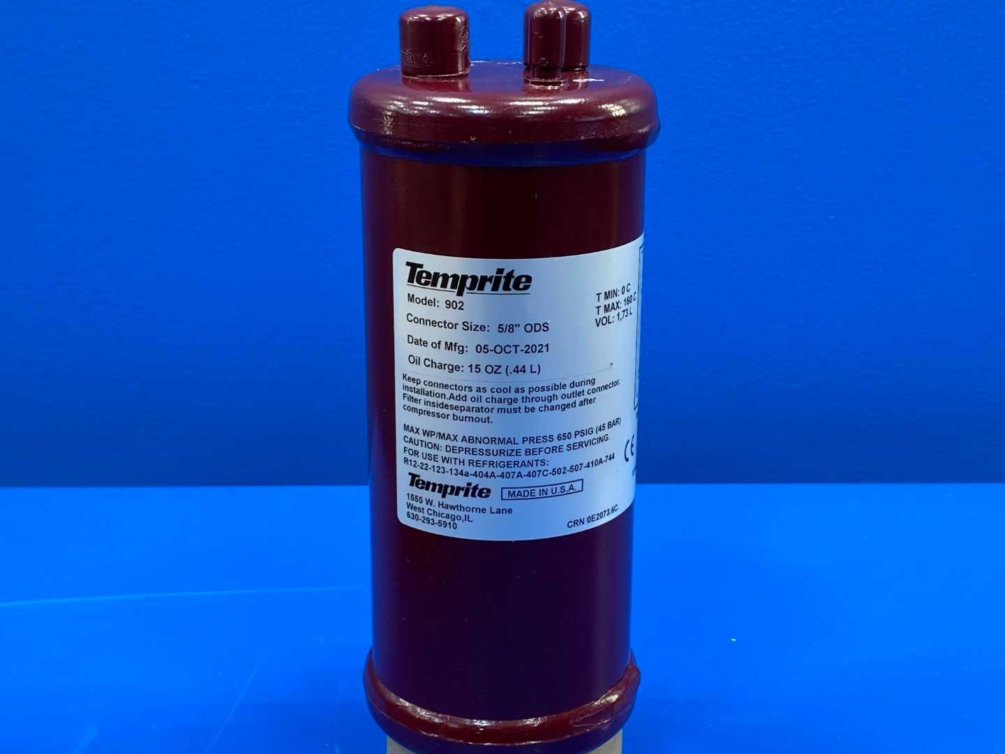 Temprite 902 Coalescent Oil Separator 5/8" ODS 15 OZ (.44 L) 650 PSIG (45 Bar) T Min: 0 C T Max: 160 C Vol: 1,73 L