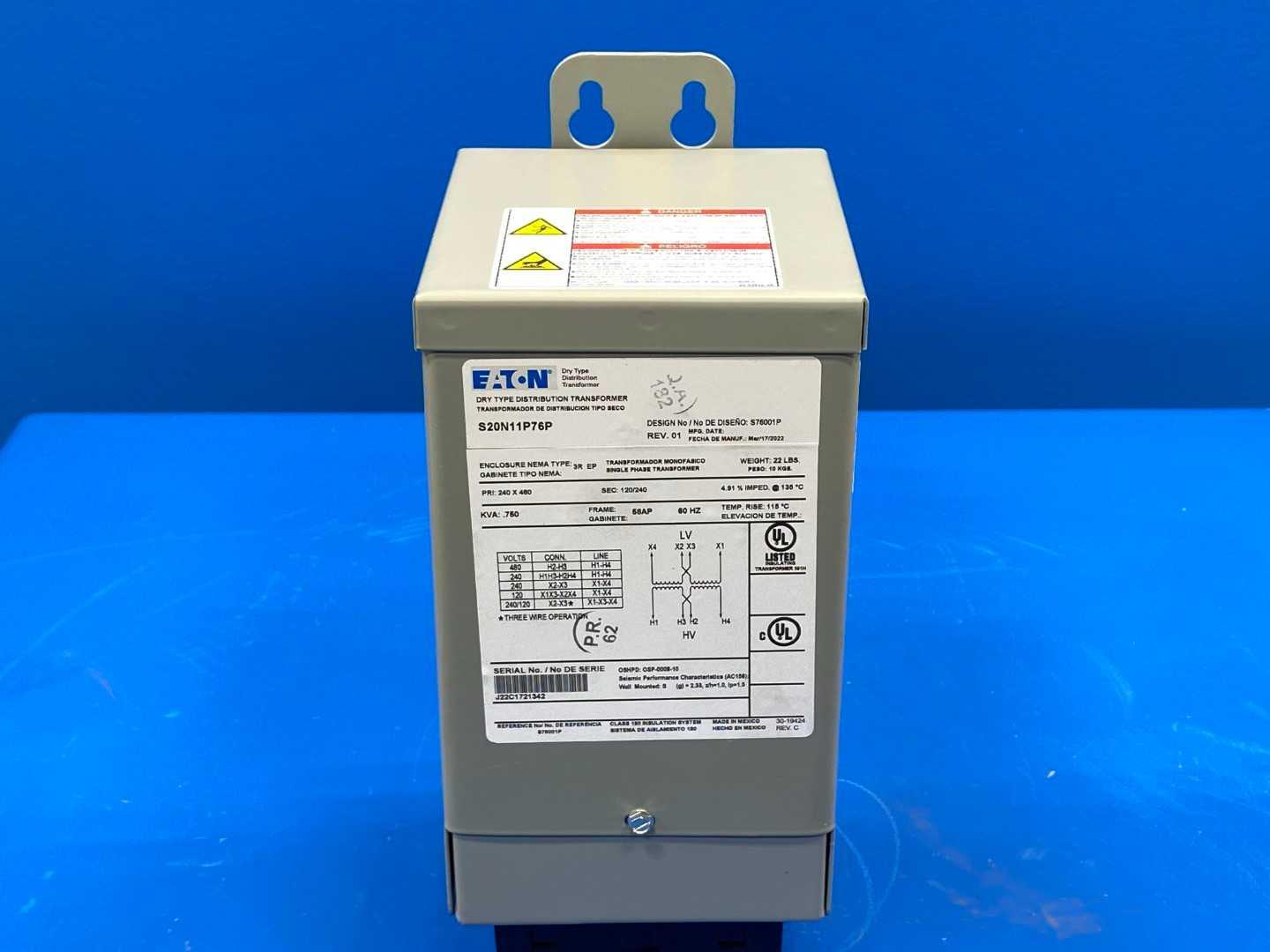 240/480V to 120/240V 750 VA Single-Phase Dry Type Distribution Transformer NEMA 3R Eaton S20N11P76P