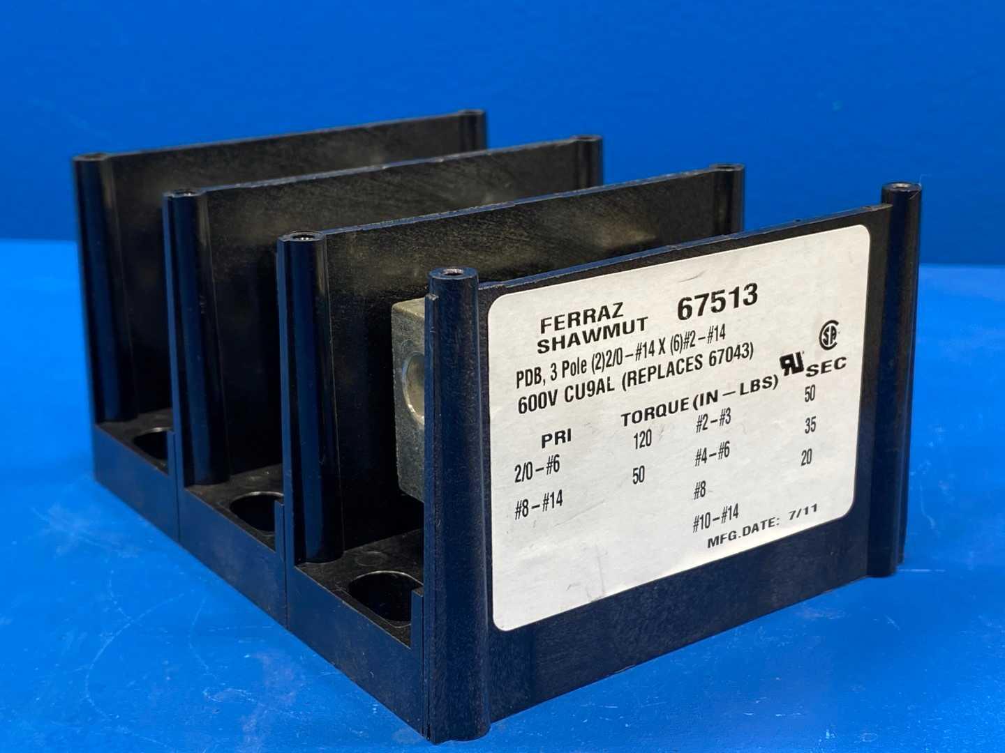 Mersen 67513 350 Amp Power Distribution Block Ferraz Shawmut 3-Pole (2)2/0-14 x (6)#2-#14 600V CU9AL (Replaces 67043)