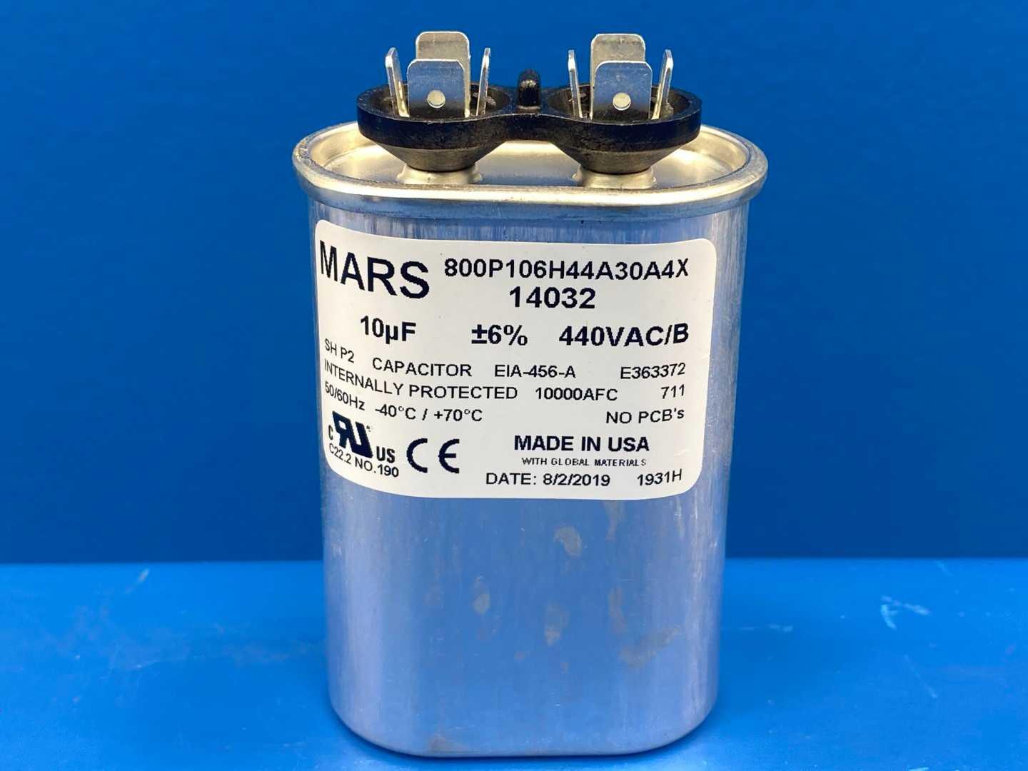 10 MFD 440/370V Dual Voltage Oval Motor Run Capacitor Mars 14032