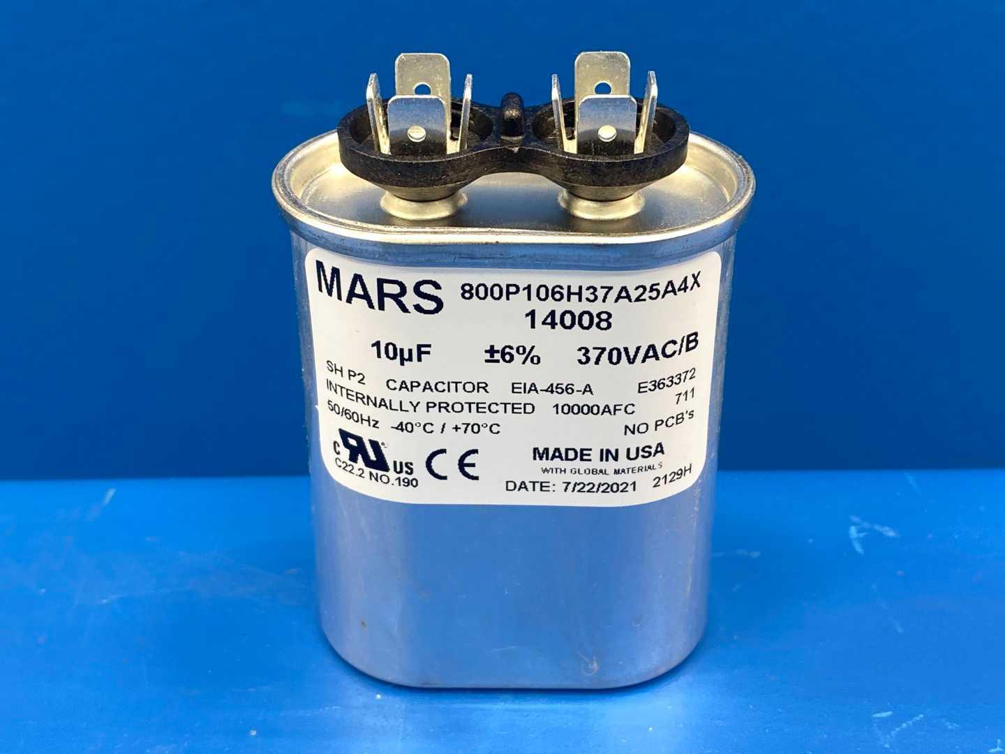 10 MFD 370V Oval Motor Run Capacitor Mars 14008