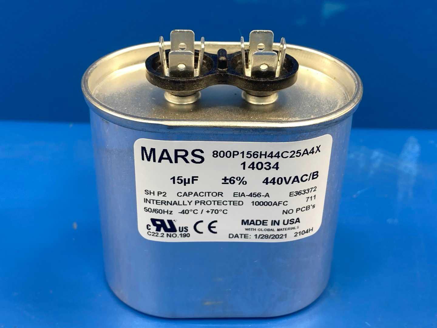 15 MFD 440/370V Dual Voltage Oval Motor Run Capacitor Mars 14034