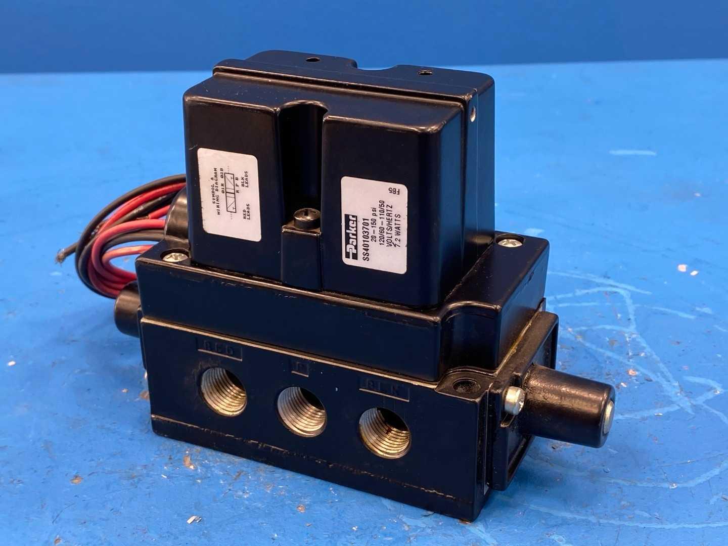 Parker SS40103701 Solenoid Operated 3-Way Directional Control Valve, 120/110VAC, 7.2Watts, 20-150PSI