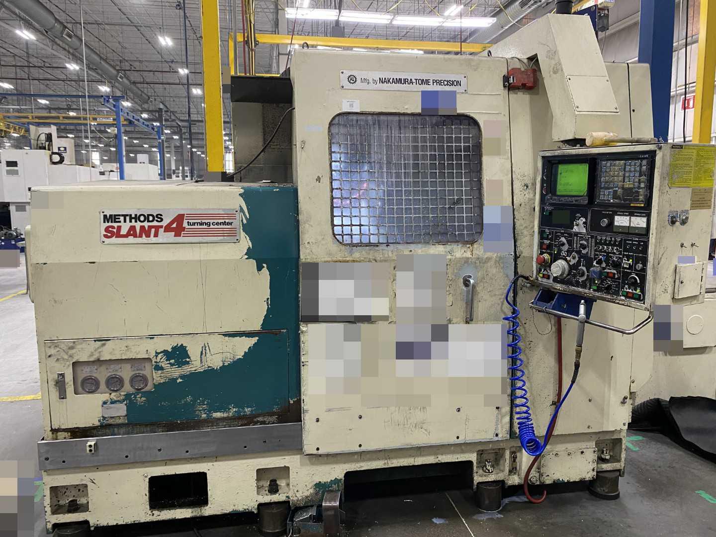 Nakamura-Tome Slant-4B CNC Horizontal Turning Center Fanuc 11T, 63,042 Hours, 1992, 12" Chuck, 33.86" Swing, 20.47" Over Saddle, 18.31" Turn Dia, 63.38" Z-Travel, 10-Station Turret